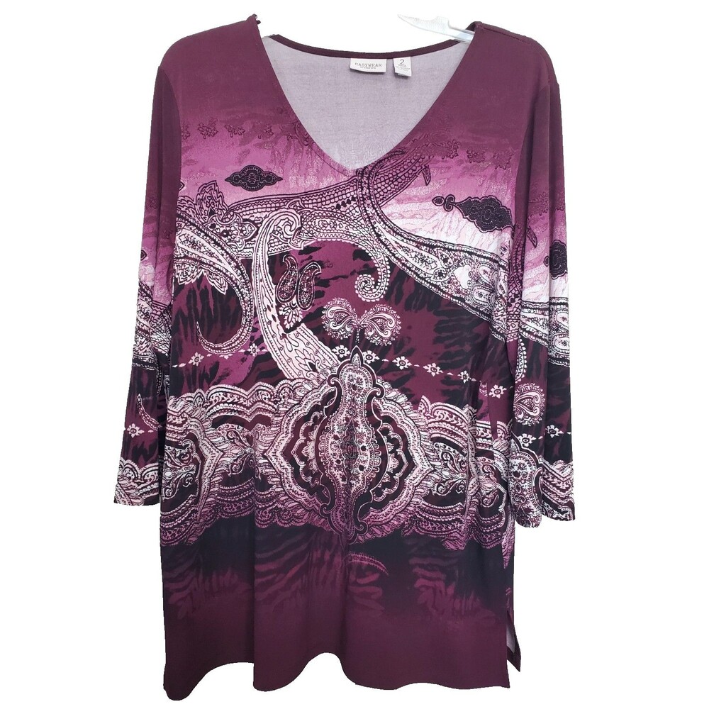 Chico's Easywear Ombre Paisley V-Neck Stretchy Tunic Size 2 Large Boho Lagenlook